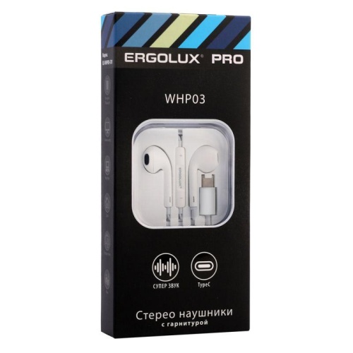Наушники вкладыши с микрофоном ELX-WHP03-C01 проводные Type-C 1.2м коробка+бокс бел. ERGOLUX | код 15284 | Ergolux