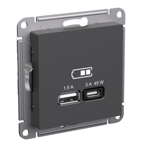 ATLASDESIGN USB РОЗЕТКА A + тип-C 45Вт высокоскор.заряд. QC, PD, мех., БАЗАЛЬТ | код ATN001429 | Systeme Electric
