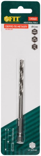 Сверло HSS по металлуполированное U-хвостовик под биту инд. упаковка 6.0мм FIT 34060 фото 3