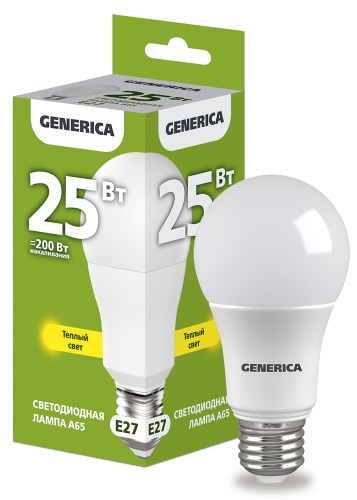 Лампа светодиодная A65 груша 25Вт 230В 3000К E27 GENERICA | код LL-A65-25-230-30-E27-G | IEK