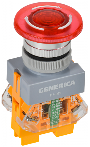 Кнопка D7-DZS Грибок d=22мм 1з+1р пов. с п/ф кр. GENERICA | код BBG50-11DZS-3-11-K04-G | GENERICA by IEK