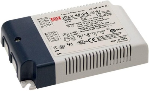 Источник питания AC-DC, 45Вт, вход 90…295В AC, 47…63Гц/125…417В DC, ККМ, выход 36В/1.25А, изоляция 3750В AC, в кожухе 120х75х25мм, -20…+80С (корпус), димминг 0...10 В/ШИМ, доп. выход 12В/50мА | код IDLV-45A-36 | MeanWell