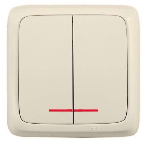 Выключатель двухклавишный наружный с изоляционной пластиной с индикацией слоновая кость 16А | код ВА16-154-01 | HEGEL