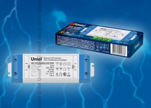 Блок питания для светодиодов UET-VPF-030B20 с защитой от короткого замыкания и перегрузок, 30 Вт, 24В, IP20 | код 05832 | UNIEL