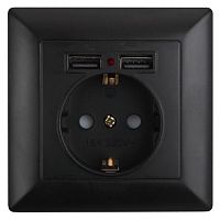 Розетка Intro Solo 4-410-05 с заземлением P+E Schuko со шторками, 16А-250В + 2хUSB, IP20, СУ, антрацит | код Б0053717 | ЭРА