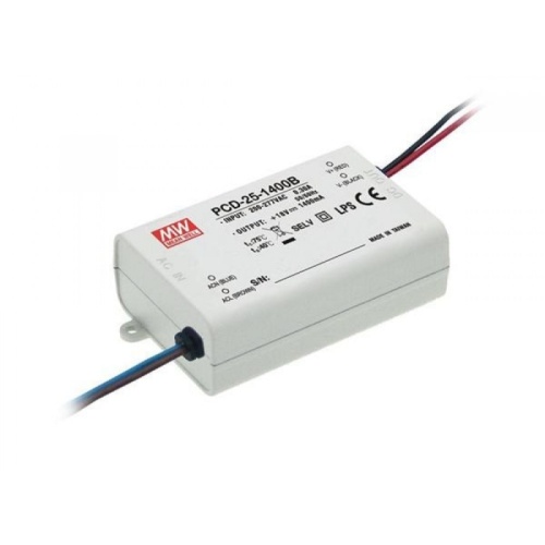Источник питания AC-DC, 25Вт, стабилизатор тока, вход 90…135В AC, выход 1400мА/12-18В, ККМ, изоляция 3750В AC, в кожухе84х57х29.5мм, -30…+60С, возможность подключения диммера на входе | код PCD-25-1400A | MeanWell