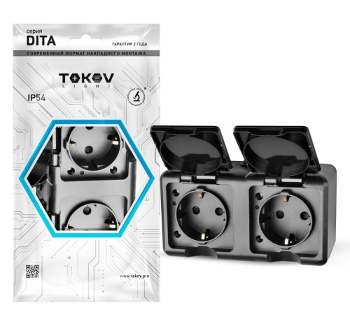 Розетка 2-м ОП Dita 16А IP54 250В с заземл. с крышкой карбон | код TKL-DT-R2Z-C14-IP54 | TOKOV ELECTRIC