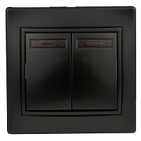 Выключатель Intro Plano 1-105-05 двухклавишный с подсветкой, 10А-250В, IP20, СУ, антрацит | код Б0053780 | ЭРА