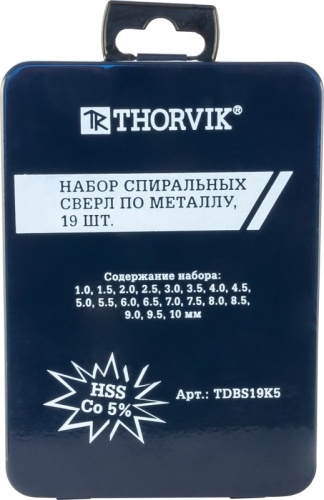 TDBS19K5 Набор спиральных сверл по металлу HSS Co в металлическом кейсе, d1.0-10.0 мм, 19 предметов | код TDBS19K5| Thorvik