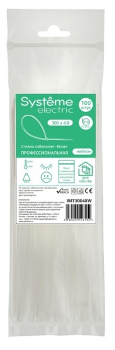 Стяжка кабельная нейлоновая 300х4.8 Белая (100шт) в пакете с замком ЗИП-ЛОК | код IMT30048W | Systeme Electric