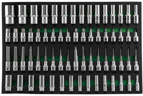 S04HD4366SV Набор головок торцевых глубоких 3/8, 1/2DR и насадок торцевых 1/2DR с вставками-битами в EVA ложементе 560x400 мм, 66 предметов | код S04HD4366SV | JONNESWAY