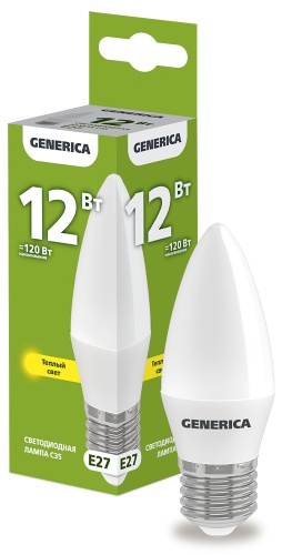 Лампа светодиодная C35 свеча 12Вт 230В 3000К E27 GENERICA | код LL-C35-12-230-30-E27-G | IEK