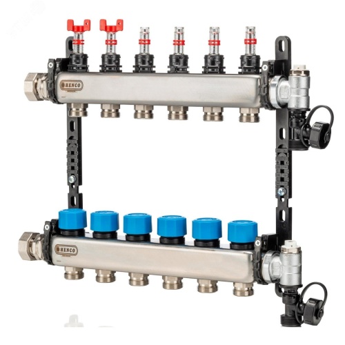 Коллектор из нержавеющей стали, регулируемый расходомер, воздухоотводчик, дренаж и клапан заполнения, 1” - 10 x 3/4” | код UFH-0605MDSS10 | Henco
