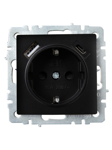 Розетка BRITE РЮш11-1-БрЧ 16А с USB A+C 18Вт с заземл. защ. шторки черн. | код. BR-R14-16-U22-018-K02 | IEK фото 8