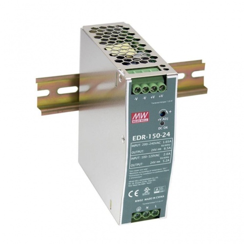 Источник питания AC-DC, 156Вт, вход 90…264V AC, 47…63Гц /127…370В DC, выход 24В/6.5A, рег. вых 24…28В, изоляция 3000В AC, в кожухе на DIN-рейку 40х125.2х113.5мм, -20…+60С | код EDR-150-24 | MeanWell