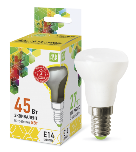 Лампа светодиодная LED-R39-standard 5Вт 230В Е14 3000К 450Лм ASD | код 4690612006697 | ASD
