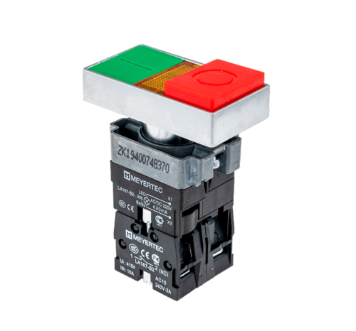 Кнопка двойная с LED подсветкой, 24V AC/DC, красный/зеленый,1NO+1NC, выступающий толкатель, мет. MTB2-BW8461 | код 58229 | MEYERTEC