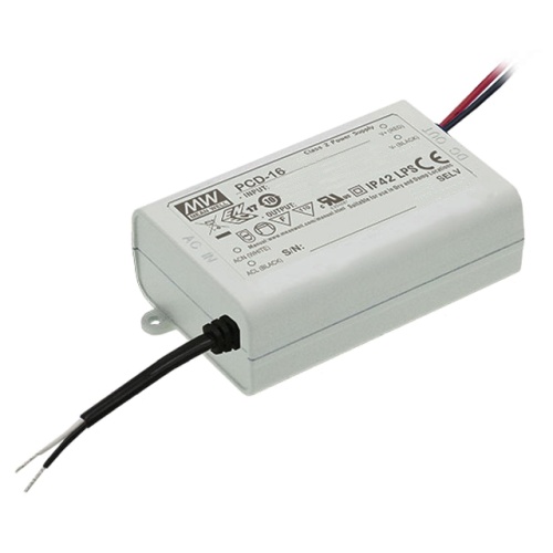Источник питания AC-DC, 16,8Вт, стабилизатор тока, вход 90…135В AC, выход 350мА/24-48В, ККМ, изоляция 3750В AC, в кожухе84х57х29.5мм, -30…+60С, возможность подключения диммера на входе | код PCD-16-350A | MeanWell