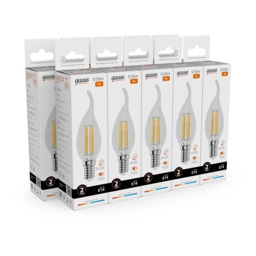 Лампа светодиодная филаментная LED 8 Вт 510 лм 2700К свеча на ветру теплый E14 AC 220В прозрачная колба Elementary Gauss | код 42118 | Gauss фото 4