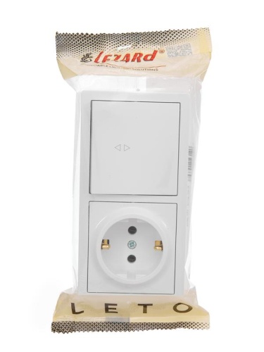 Блок ОП LETO (1-кл. выключатель проходной + 1-м розетка с заземл.) горизонт. бел. LEZARD 752-0200-170BVP фото 2