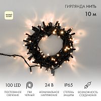 Гирлянда Нить 10м, постоянное свечение, черный ПВХ, 24В, цвет Тёплый белый | код 305-146 | NEON-NIGHT