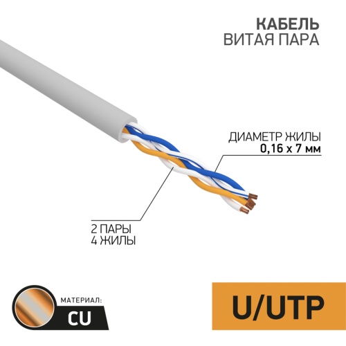 REXANT Кабель витая пара U/UTP, категория 5e, PVC, 2PR, 24AWG, внутренний, многожильный, серый, 305 м | код 01-0026 | REXANT
