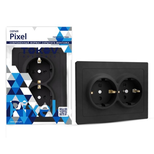 Розетка 2-м СП Pixel 16А IP20 с заземл. защ. шторки в сборе карбон | код TKE-PX-R2FZSF-C14 | TOKOV ELECTRIC