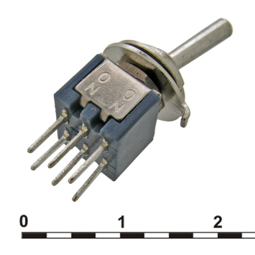 Микротумблер RUICHI SMTS-202-A2, ON-ON, DPDT, 3 А, 250 В, 50 мОм, установочное отверстие 5 мм, 6 контактов | код 70220 | Ruichi