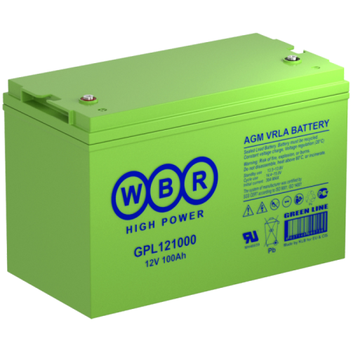WBR GPL121000 Аккумуляторная батарея для ИБП, напряжение: 12В, ёмкость: 100Ач, клеммы типа: внутренний болт М8, Размеры ВШГ: 330x172x222мм, вес: 31,3кг. Срок службы: 12 лет. | код WBR GPL121000 | WBR