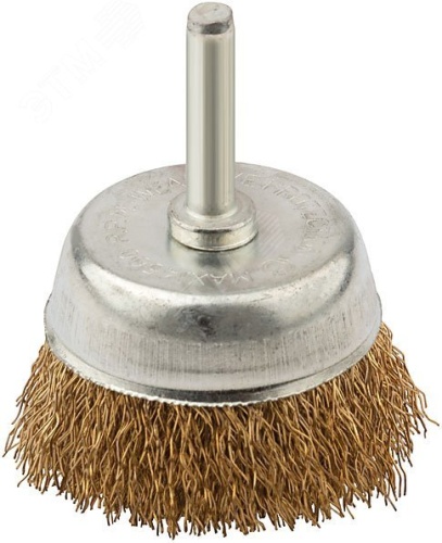 Кордщетка, тип ''чашка'', со штифтом, стальная латунированная волнистая проволока 75 мм | код 38488М | MOS