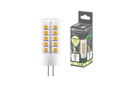 Лампа светодиодная G4-3 Вт-AC/DC 12 В-3000 К, SMD, 16x43 мм TDM | код SQ0340-0093 | TDM