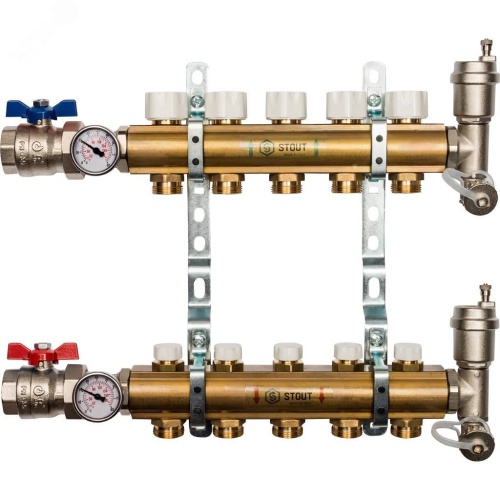 Коллектор распределительный из латуни без расходомеров 5 вых. | код SMB 0468 000005 | STOUT