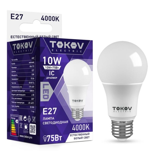 Лампа светодиодная 10Вт А60 4000К Е27 176-264В | код. TKE-A60-E27-10-4K | TOKOV ELECTRIC