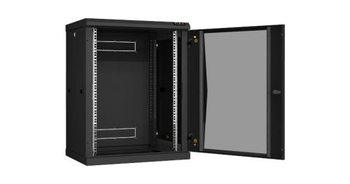 Настенный разборный шкаф TLK 19, 15U, стеклянная дверь, Ш600хВ770хГ450мм, 2 пары монтажных направляющих, черный | код TWC-156045-R-G-BK | TLK
