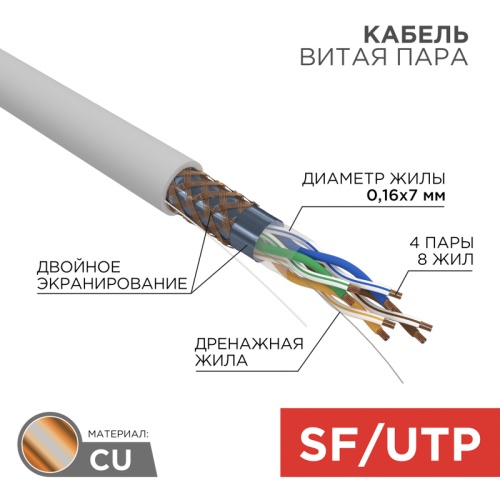 REXANT Кабель витая пара SF/UTP, категория 5e, PVC, 4PR, 24AWG, внутренний, многожильный, серый, 305 м | код 01-0343 | REXANT