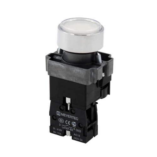 Кнопка плоская белая с подсветкой, 220V AC/DC, 1NO, IP67, металл MTB2-BWF3161 | код 132651 | MEYERTEC