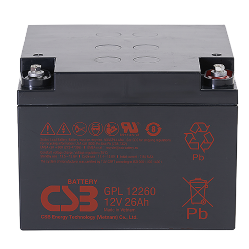 CSB GPL12260 Аккумуляторная батарея для ИБП, напряжение: 12В, ёмкость: 26Ач, клеммы: под гайку и болт М5, Размеры ДШВ: 166х175х125мм, вес: 8,30кг. Срок службы: 8 лет. | код CSB GPL12260 | CSB