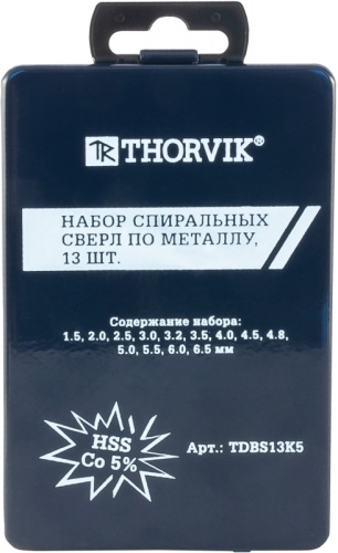 TDBS13K5 Набор спиральных сверл по металлу HSS Co в металлическом кейсе, d1.5-6.5 мм, 13 предметов | код TDBS13K5 | Thorvik
