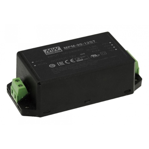 Источник питания AC-DC, 80.4Вт, вход 80…264В AC, 47…63Гц / 113…370В DC, выход 12В/6700мА, КПД 92%, ток утечки <100мкА/264В AC, изоляция 4000В AC, в корпусе 109х52х33.5мм, -30…+80С, клем. колодка | код MPM-90-12ST | MeanWell