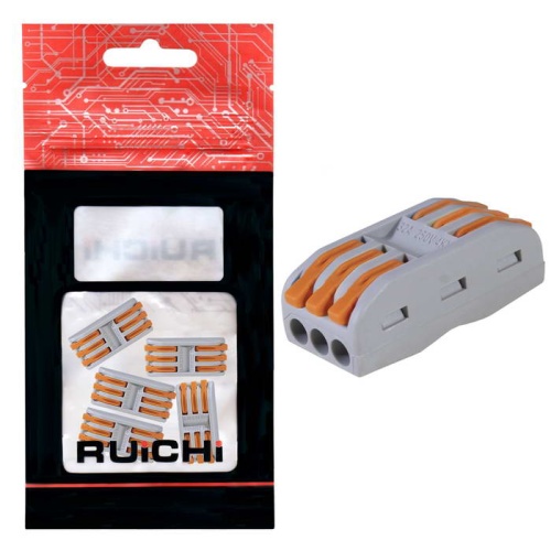 Клемма зажимная проходная PCT типа 6-контактная 3-проводная RUICHI PCT-223, 24 А, PA66, упаковка 5 шт. | код 115412 | Ruichi