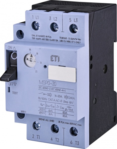 Автоматический выключатель защиты двигателя MSP0-20 (7,5-9 kW, 14-20A) | код 004646626 | ETI