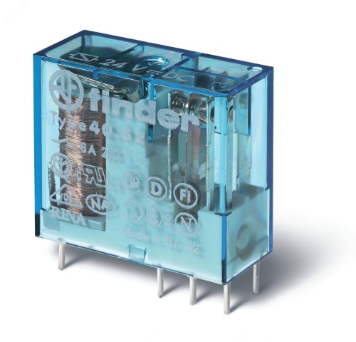 Реле электромеханическое универсальное миниатюрное, монтаж на печатную плату или в розетку, выводы с шагом 5мм, 2CO 8A, контакты AgNi, катушка 230В AC, степень защиты RTII | код 40.52.8.230.0000PAC | FINDER