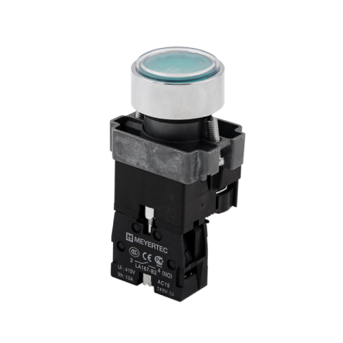 Кнопка плоская зеленая с подсветкой, 220V AC/DC, 1NO, IP67, металл MTB2-BWF3361 | код 132652 | MEYERTEC