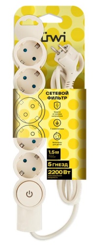 Фильтр сетевой 5х1.5м с/з с выкл 2кВт 10А/2 сл. кость Duwi 32570 3 фото 2 Фильтр сетевой 5х1.5м с/з с выкл 2кВт 10А/2 сл. кость Duwi 32570 3 фото 2